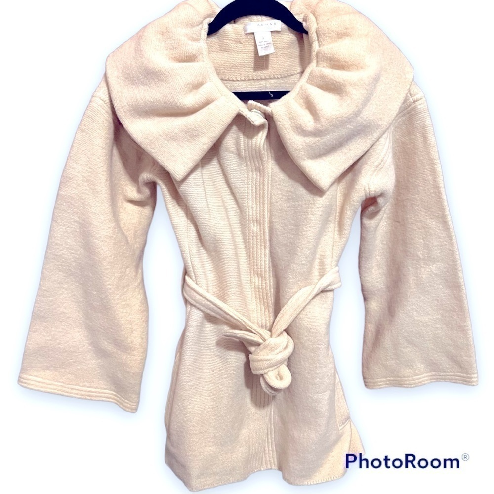 KENAR Wool Cardigan Sweater Jacket Small Ruffle Collar